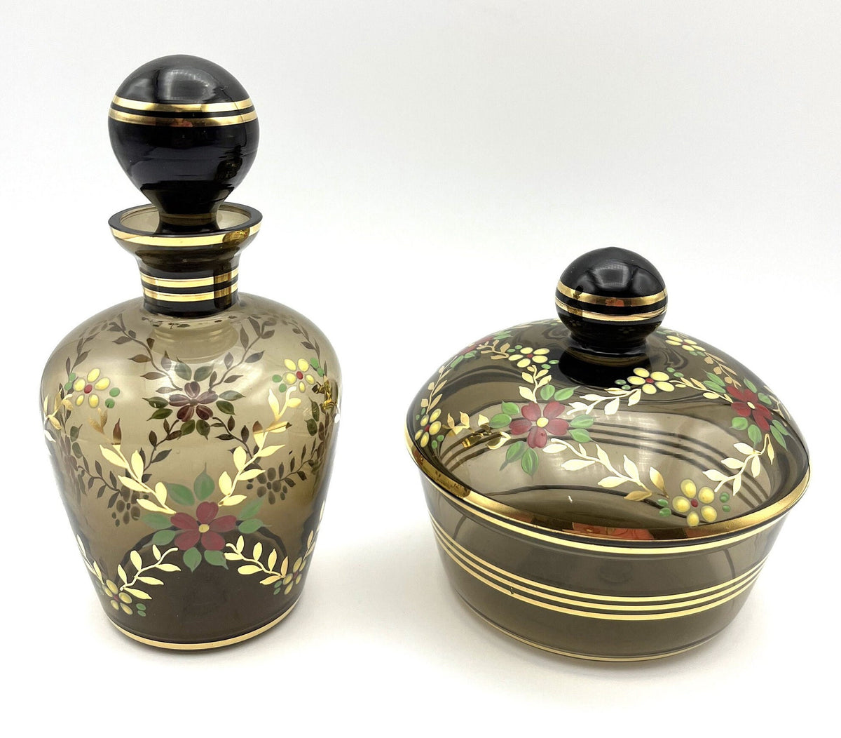 Brown Glass Covered Round Box and Bottle with Stopper Red and Yellow Flowers Gold Trim and Details. Made in Western Germany.