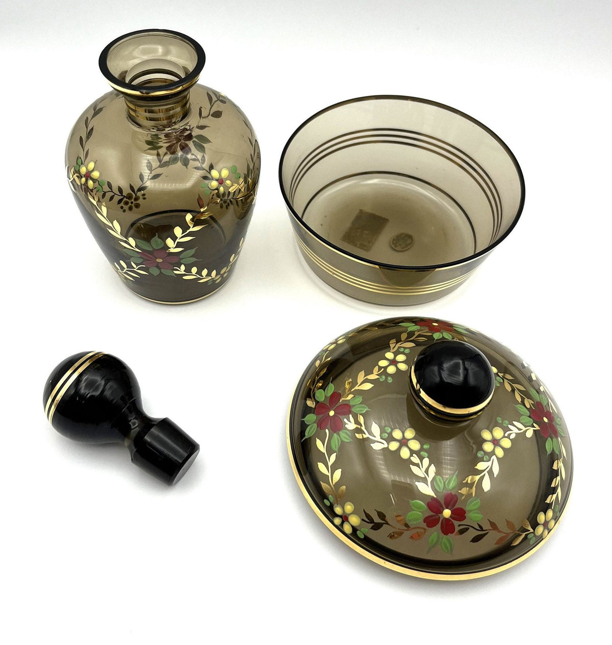 Brown Glass Covered Round Box and Bottle with Stopper Red and Yellow Flowers Gold Trim and Details. Made in Western Germany.