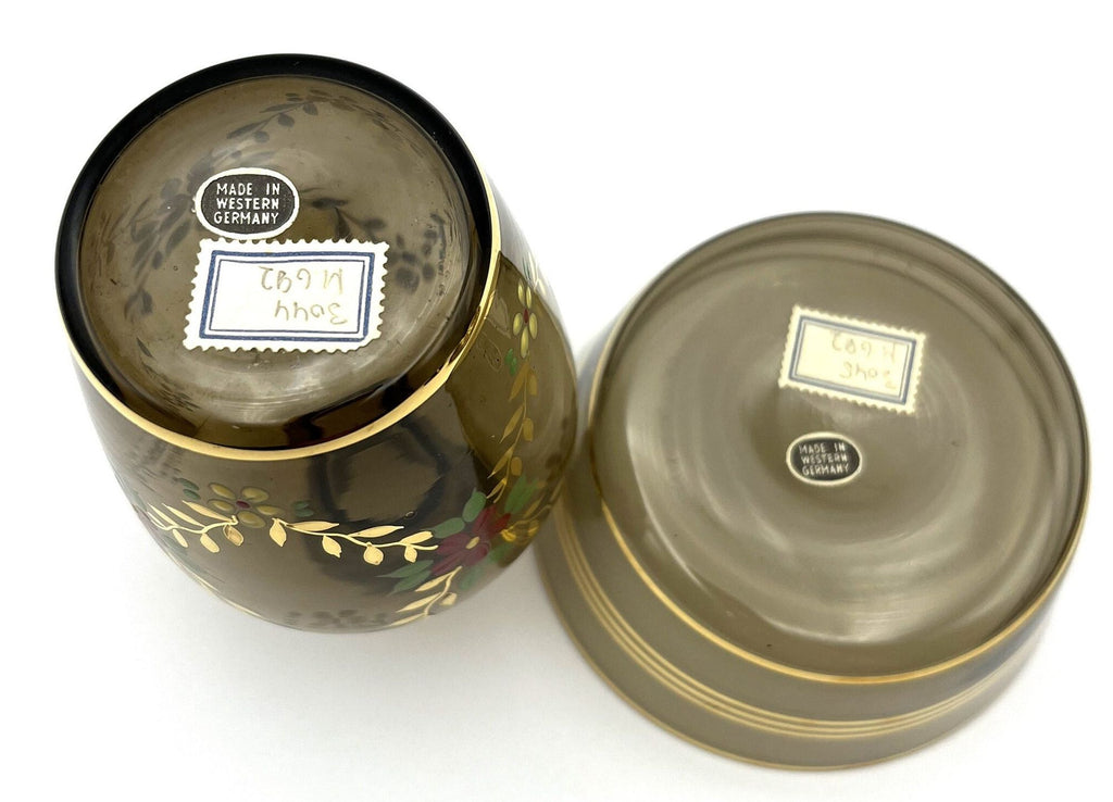 Brown Glass Covered Round Box and Bottle with Stopper Red and Yellow Flowers Gold Trim and Details. Made in Western Germany.