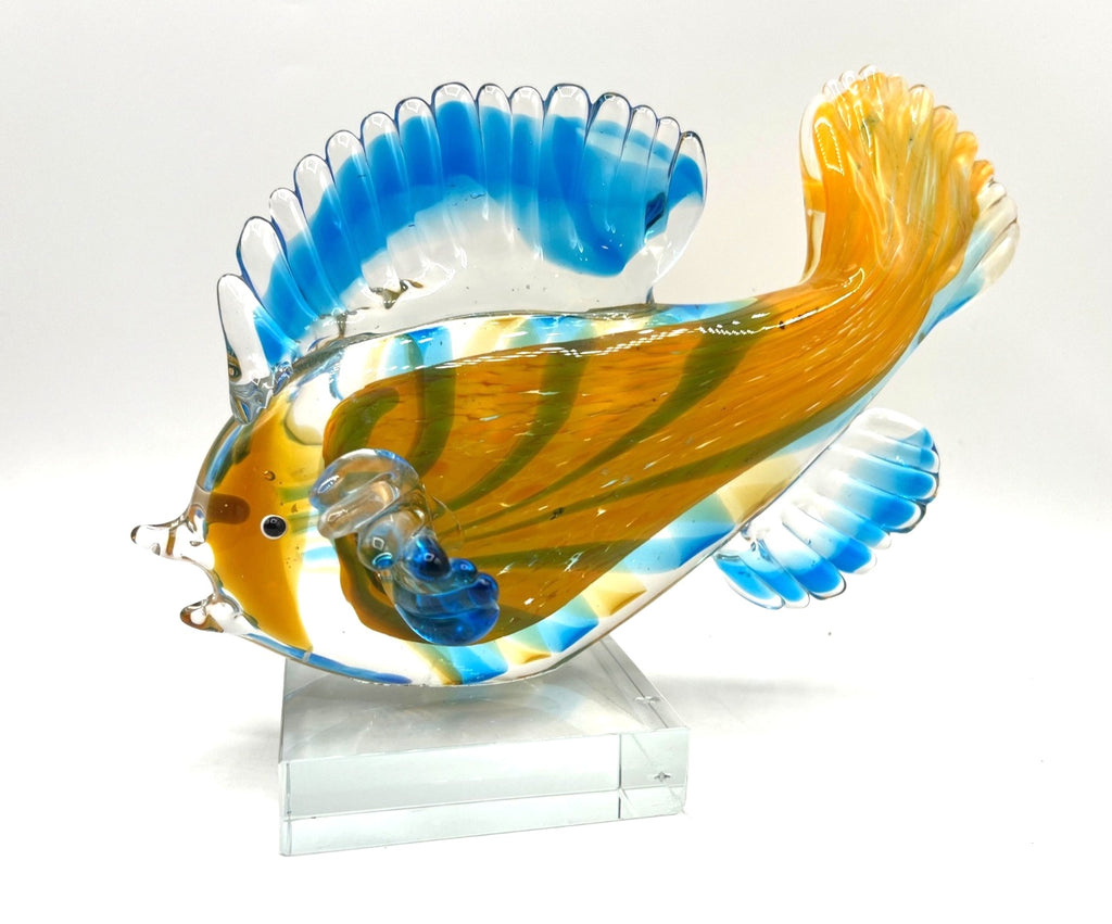 GCA Murano Style Art Glass Hand Blown Glass Tropical Fish Figurine With Blue & Amber Swirls On Clear Glass Base