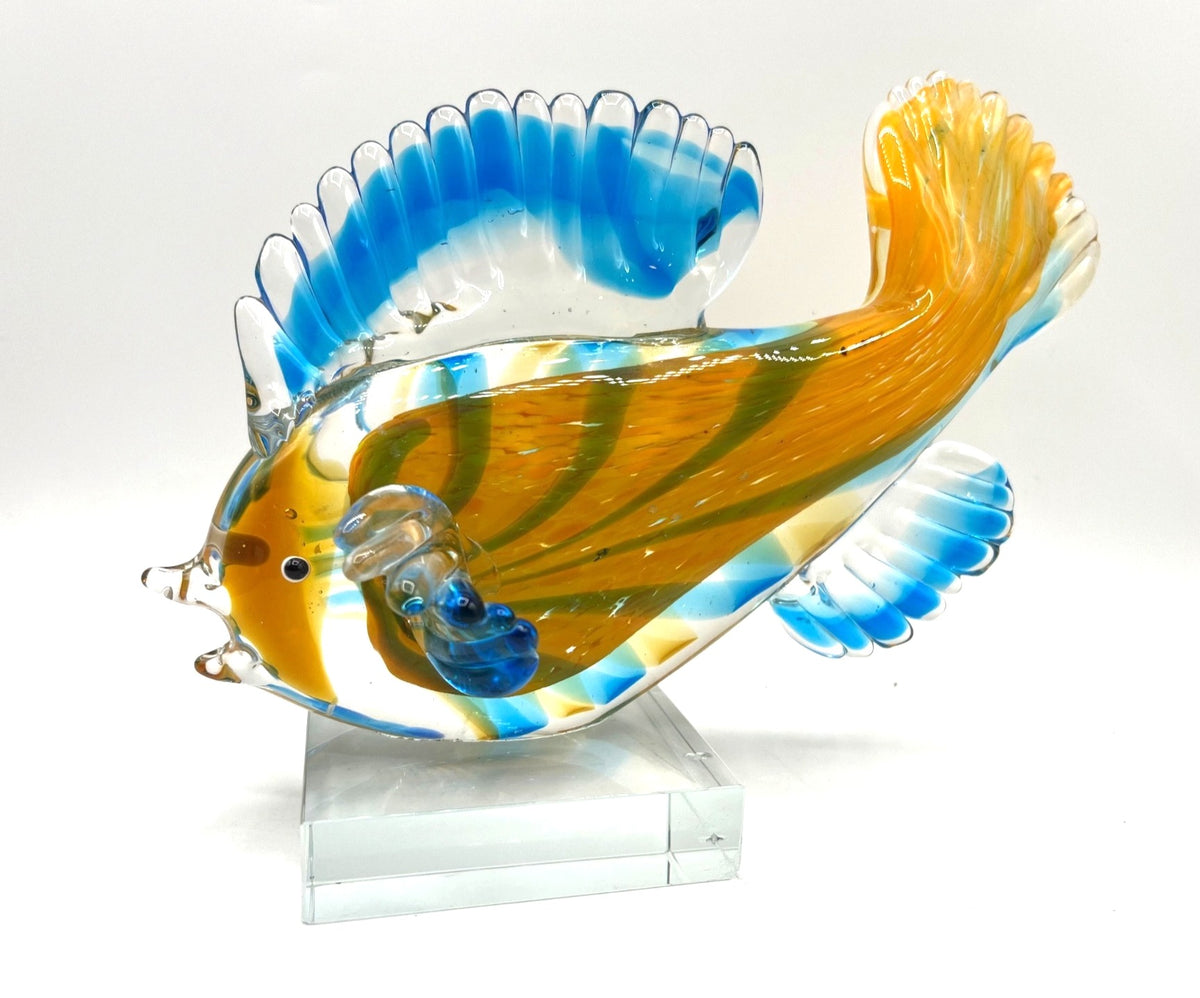 GCA Murano Style Art Glass Hand Blown Glass Tropical Fish Figurine With Blue & Amber Swirls On Clear Glass Base