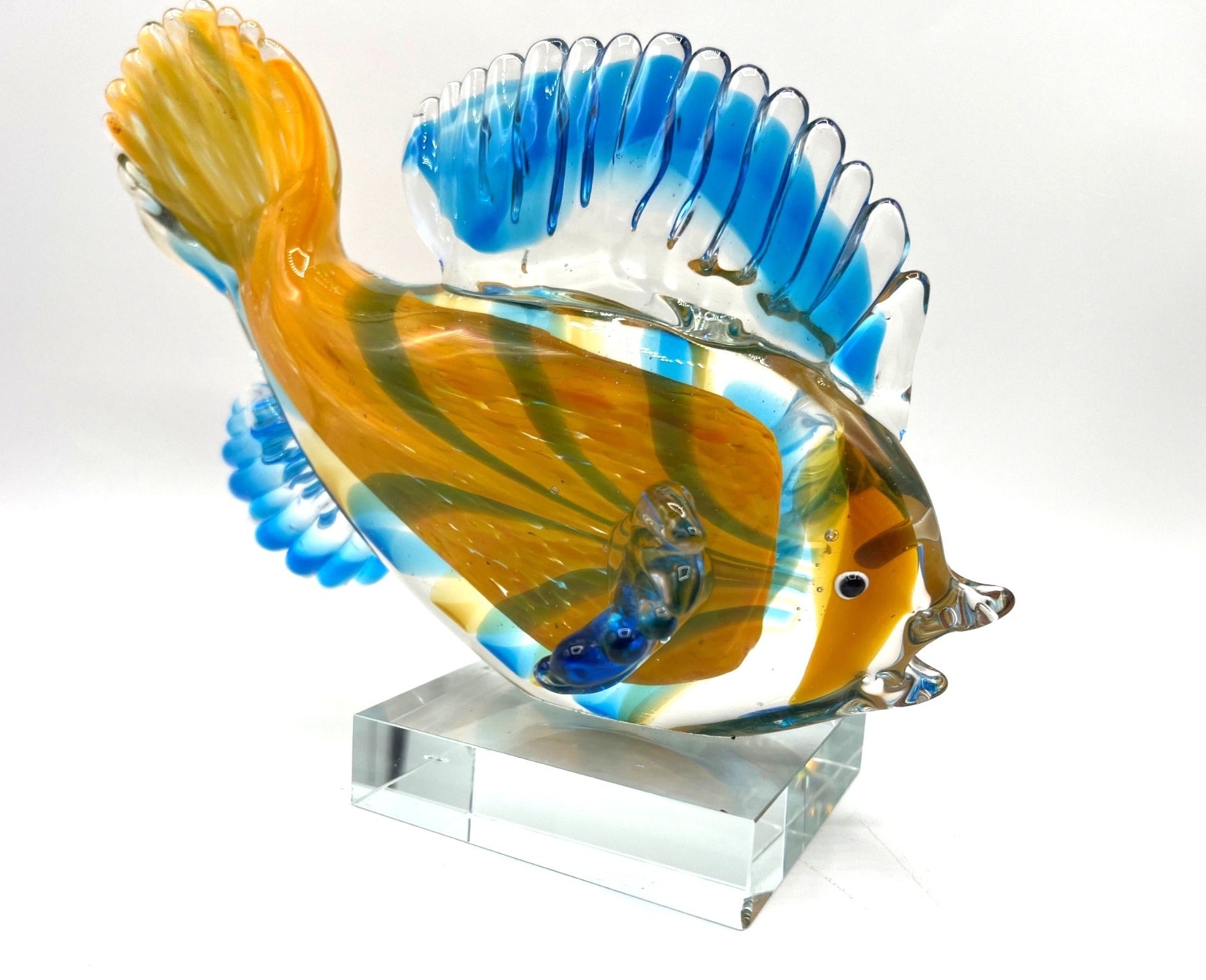GCA Murano Style Art Glass Hand Blown Glass Tropical Fish Figurine With Blue & Amber Swirls On Clear Glass Base