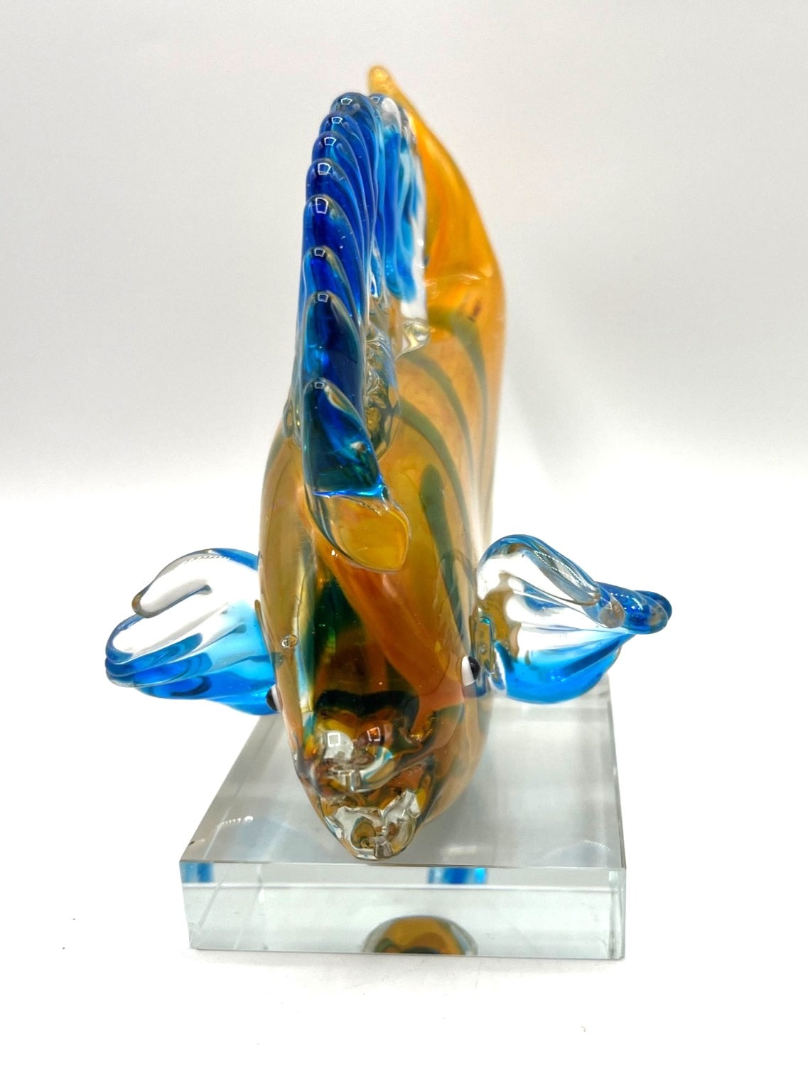 GCA Murano Style Art Glass Hand Blown Glass Tropical Fish Figurine With Blue & Amber Swirls On Clear Glass Base