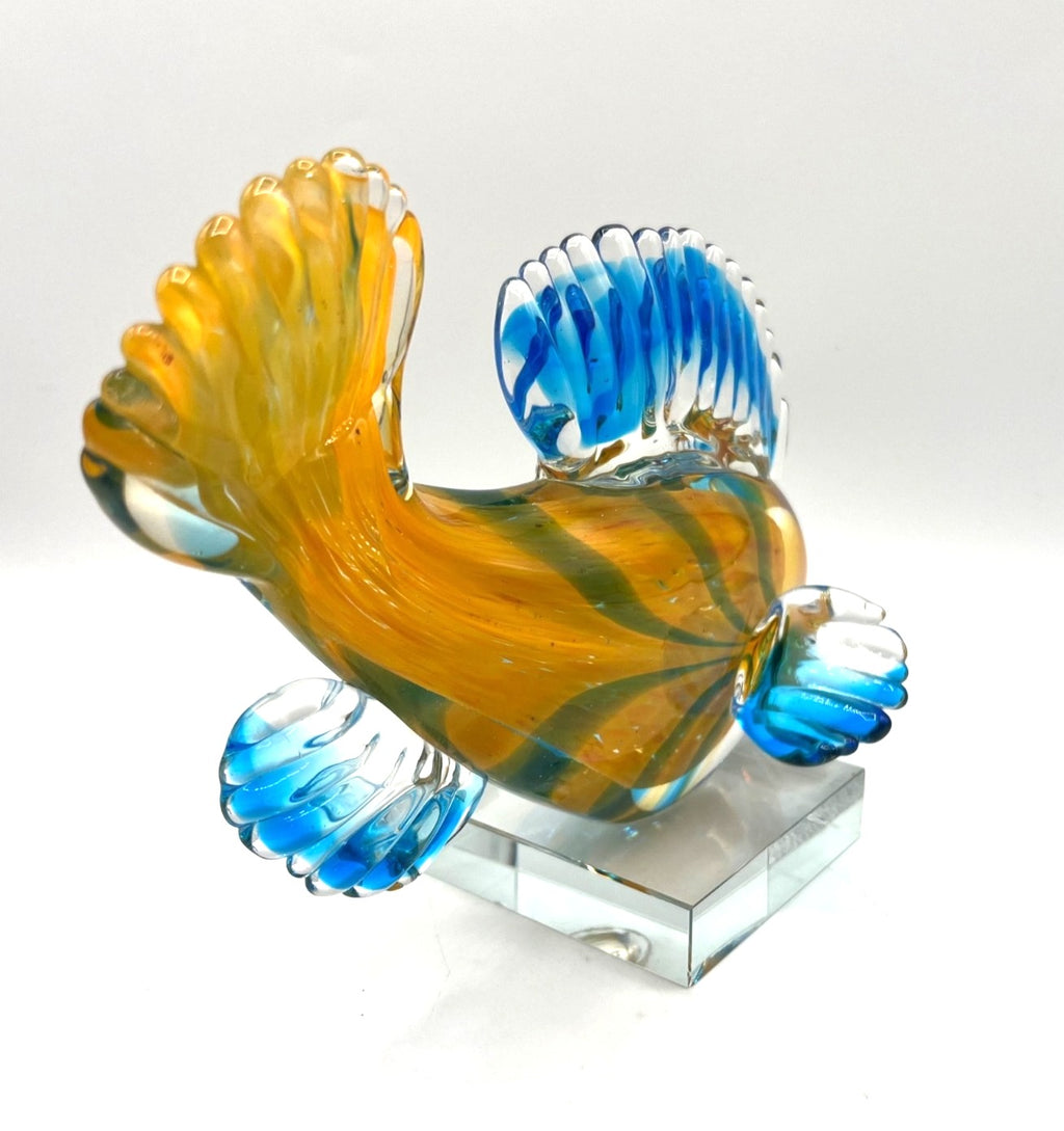 GCA Murano Style Art Glass Hand Blown Glass Tropical Fish Figurine With Blue & Amber Swirls On Clear Glass Base