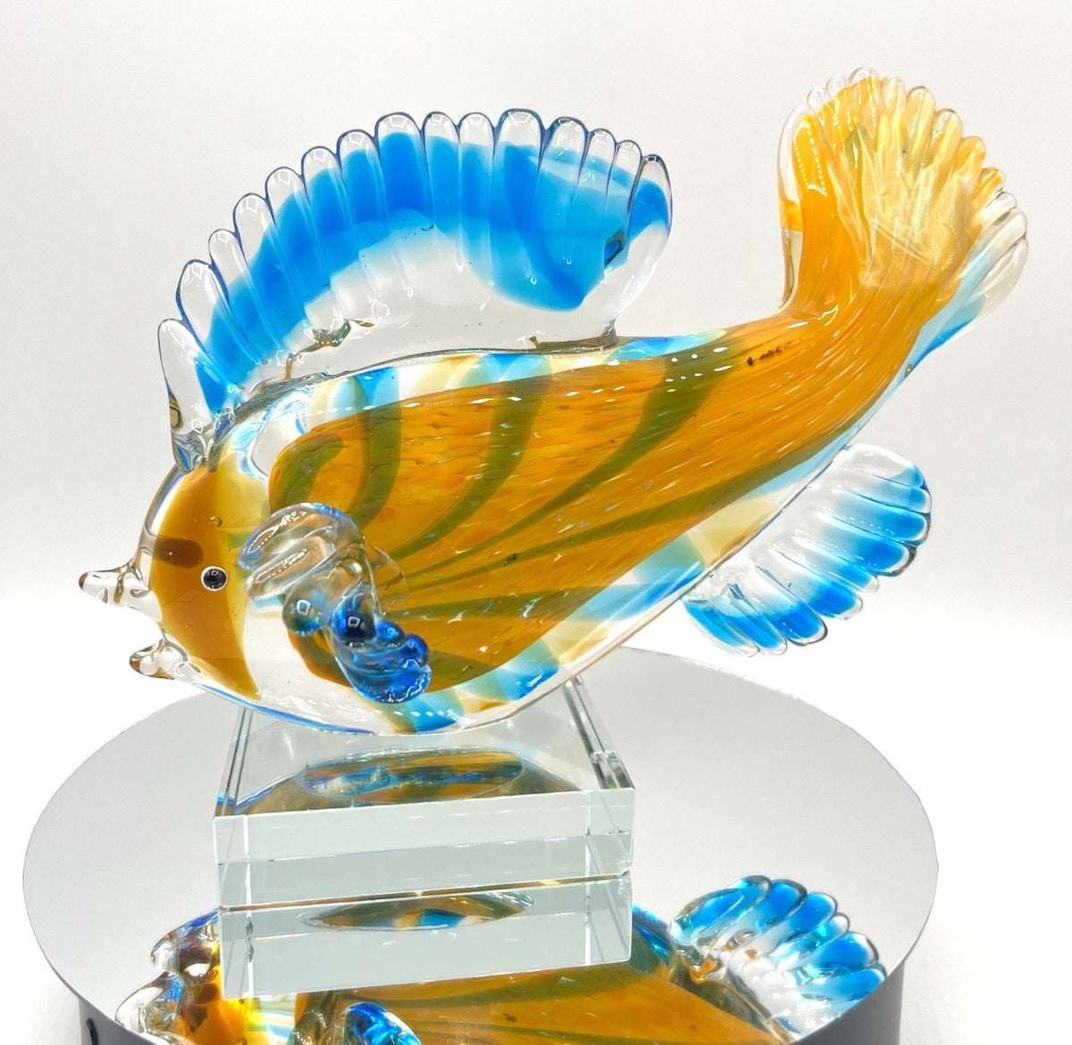 GCA Murano Style Art Glass Hand Blown Glass Tropical Fish Figurine With Blue & Amber Swirls On Clear Glass Base