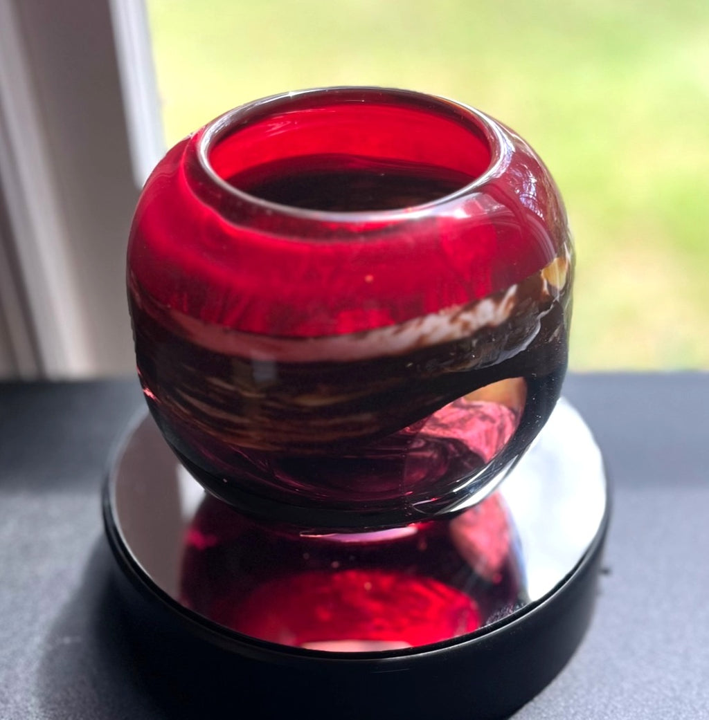 Handblown Murano Style Red Art Glass Vase With Brown and Tan Swirl Design and 3 Clear Windows 5" high
