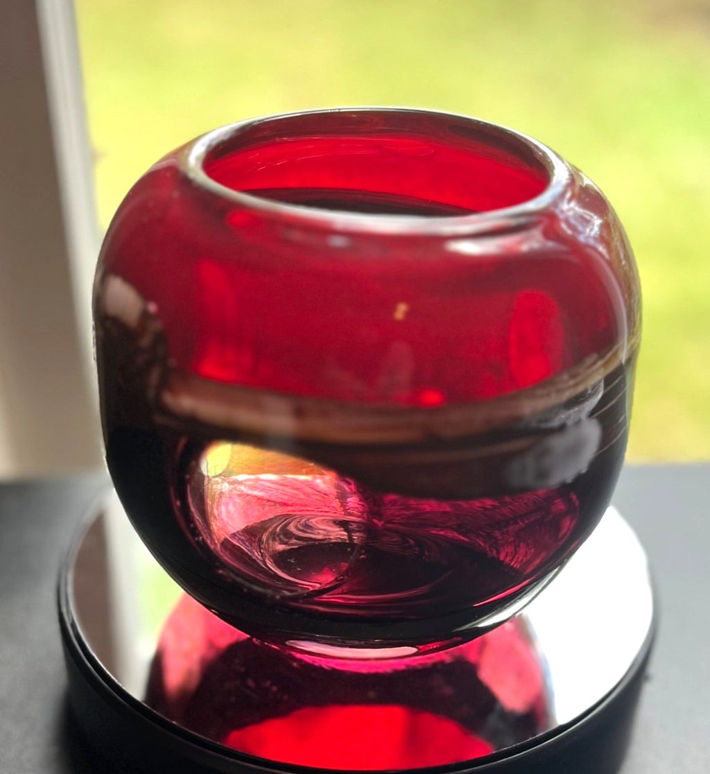 Handblown Murano Style Red Art Glass Vase With Brown and Tan Swirl Design and 3 Clear Windows 5" high
