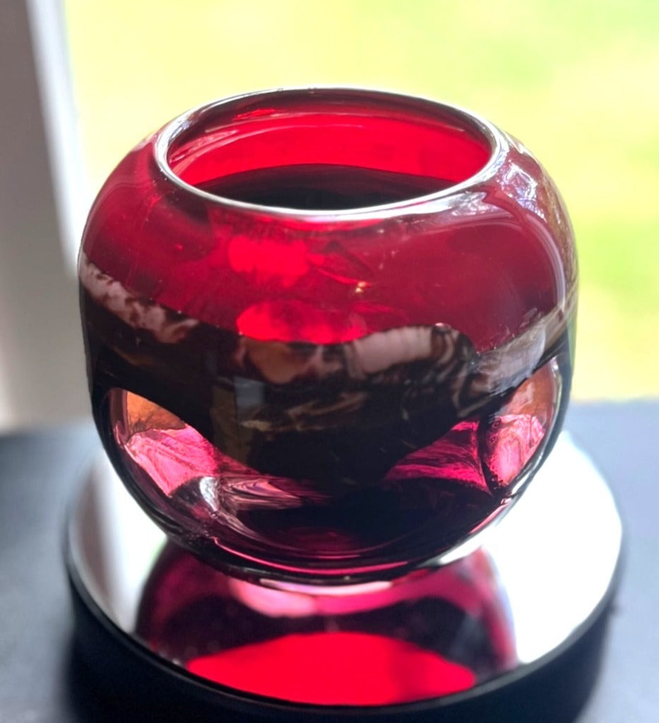 Handblown Murano Style Red Art Glass Vase With Brown and Tan Swirl Design and 3 Clear Windows 5" high