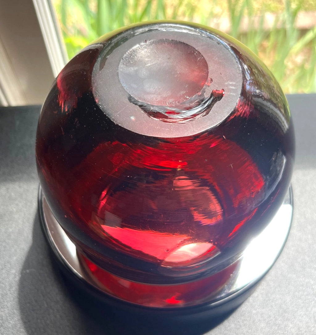 Handblown Murano Style Red Art Glass Vase With Brown and Tan Swirl Design and 3 Clear Windows 5" high
