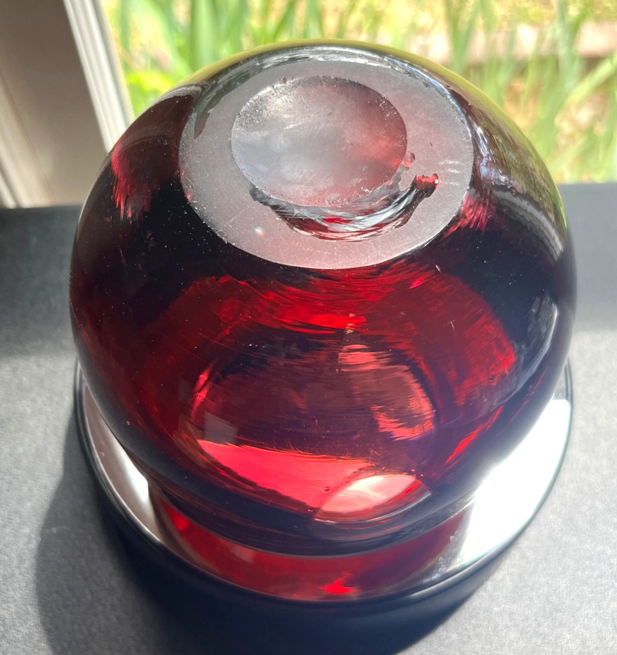 Handblown Murano Style Red Art Glass Vase With Brown and Tan Swirl Design and 3 Clear Windows 5" high