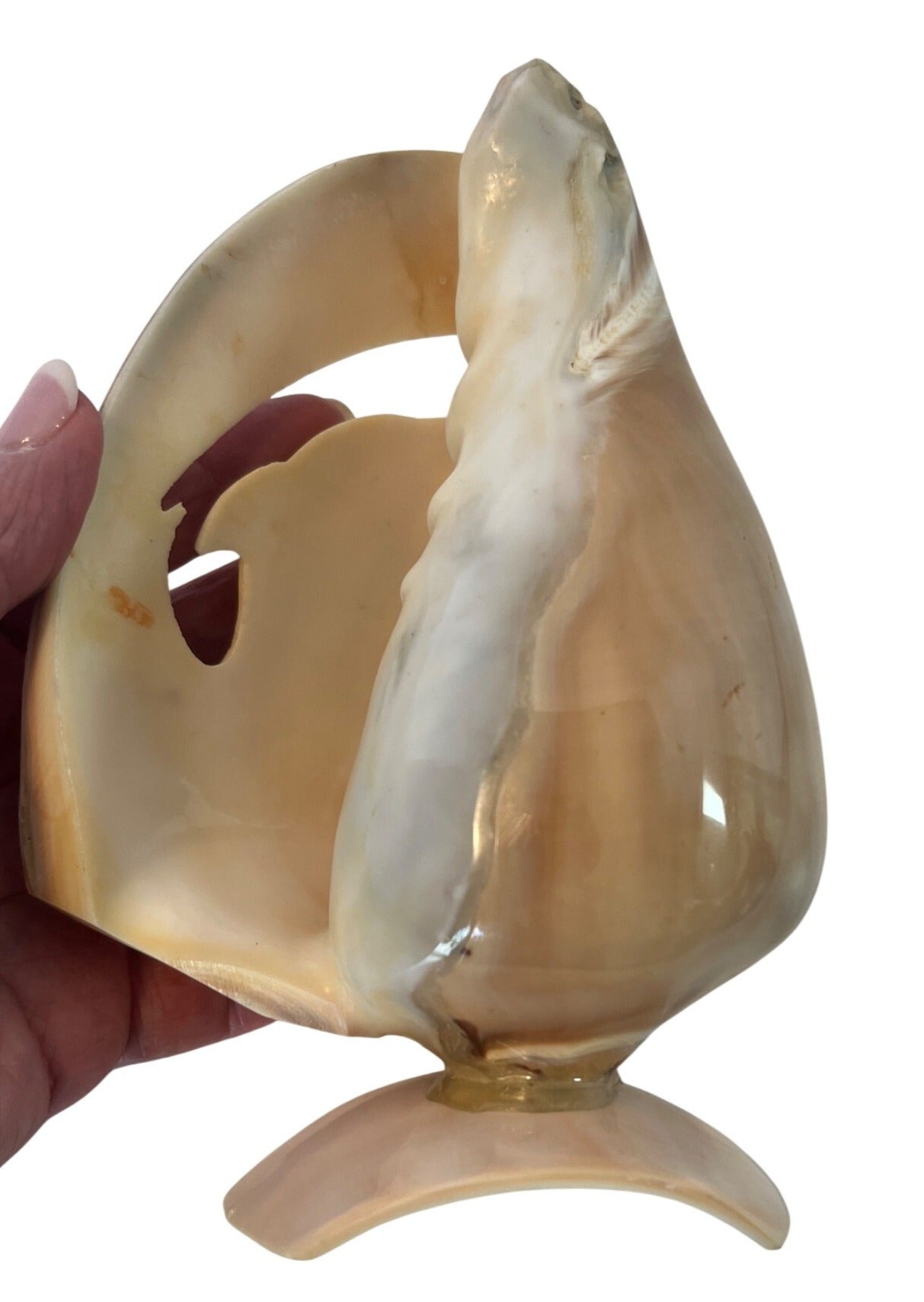 Hand-Carved Dolphin Design Seashell Art Sculpture On Stand 6.75" tall