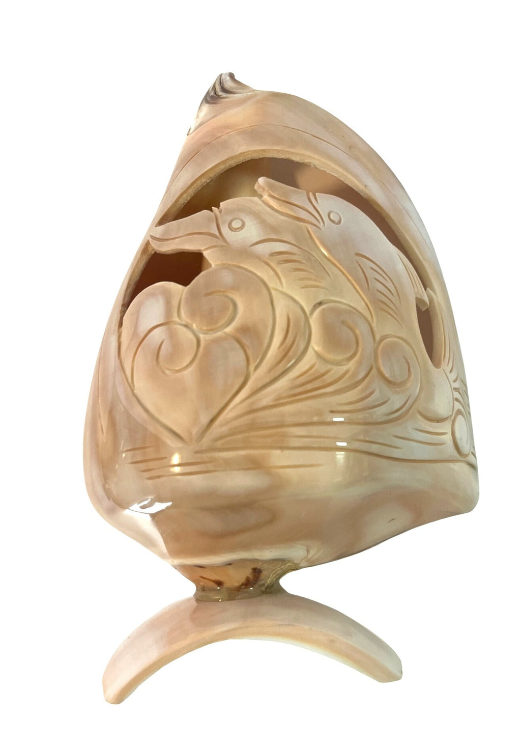 Hand-Carved Dolphin Design Seashell Art Sculpture On Stand 6.75" tall