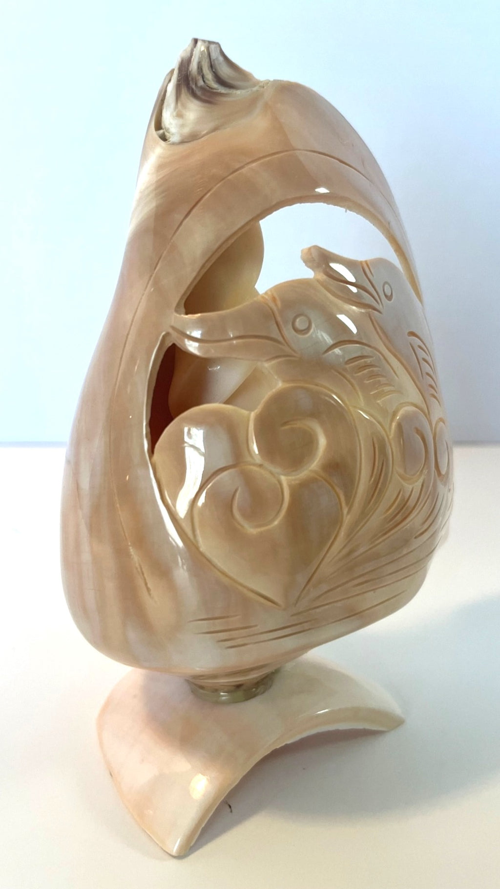 Hand-Carved Dolphin Design Seashell Art Sculpture On Stand 6.75" tall