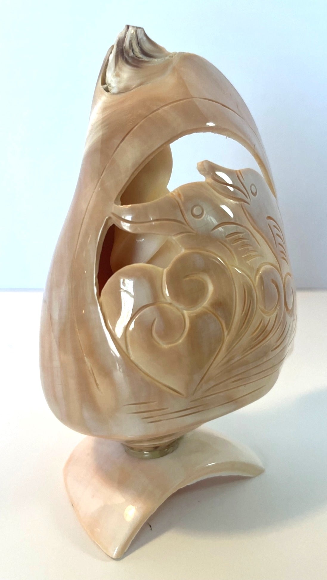 Hand-Carved Dolphin Design Seashell Art Sculpture On Stand 6.75" tall