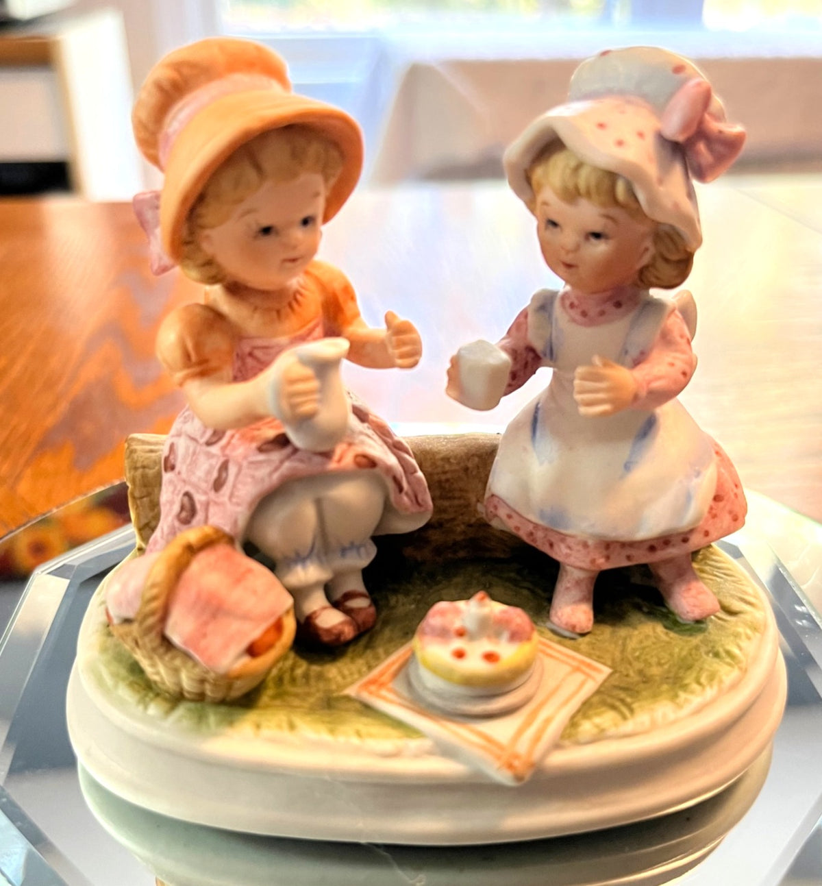 Vintage Lefton China Hand-Painted Ceramic Figurine Of Two Girls Having a Picnic  3.5" Tall