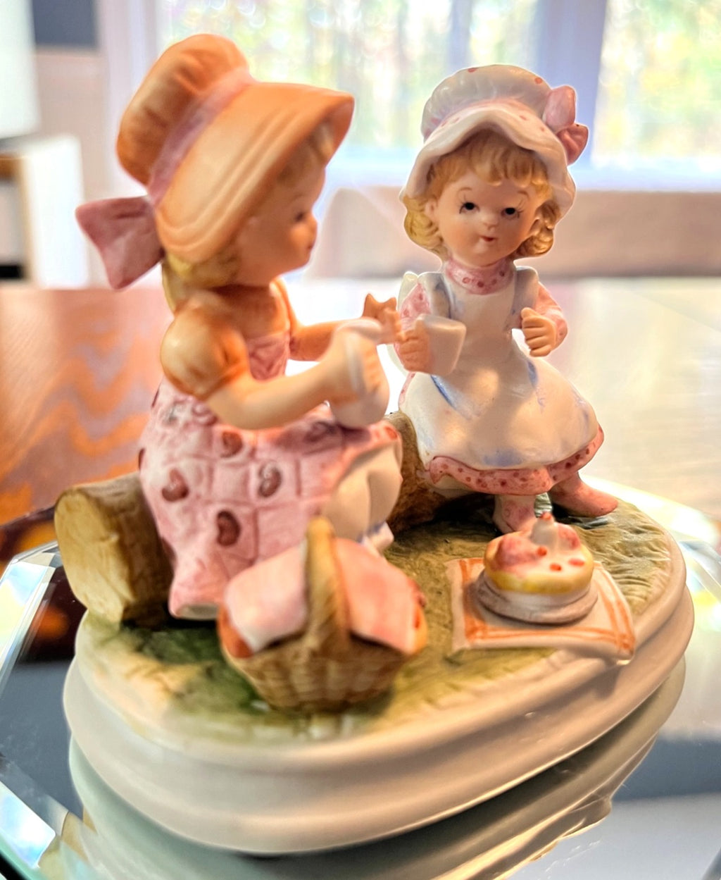 Vintage Lefton China Hand-Painted Ceramic Figurine Of Two Girls Having a Picnic  3.5" Tall