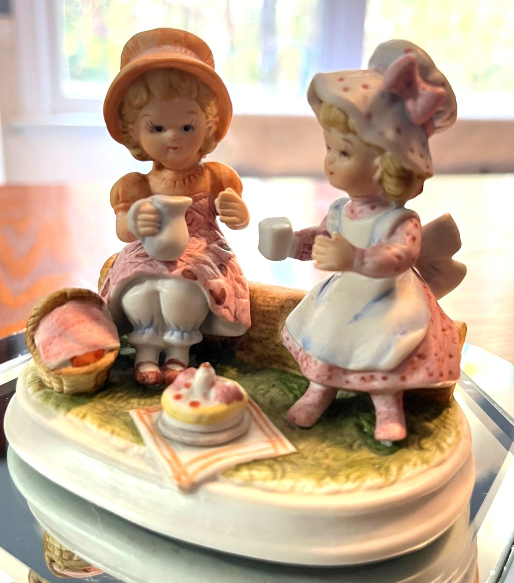 Vintage Lefton China Hand-Painted Ceramic Figurine Of Two Girls Having a Picnic  3.5" Tall