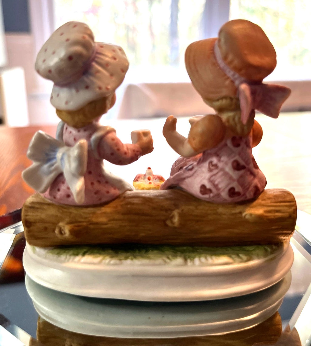Vintage Lefton China Hand-Painted Ceramic Figurine Of Two Girls Having a Picnic  3.5" Tall