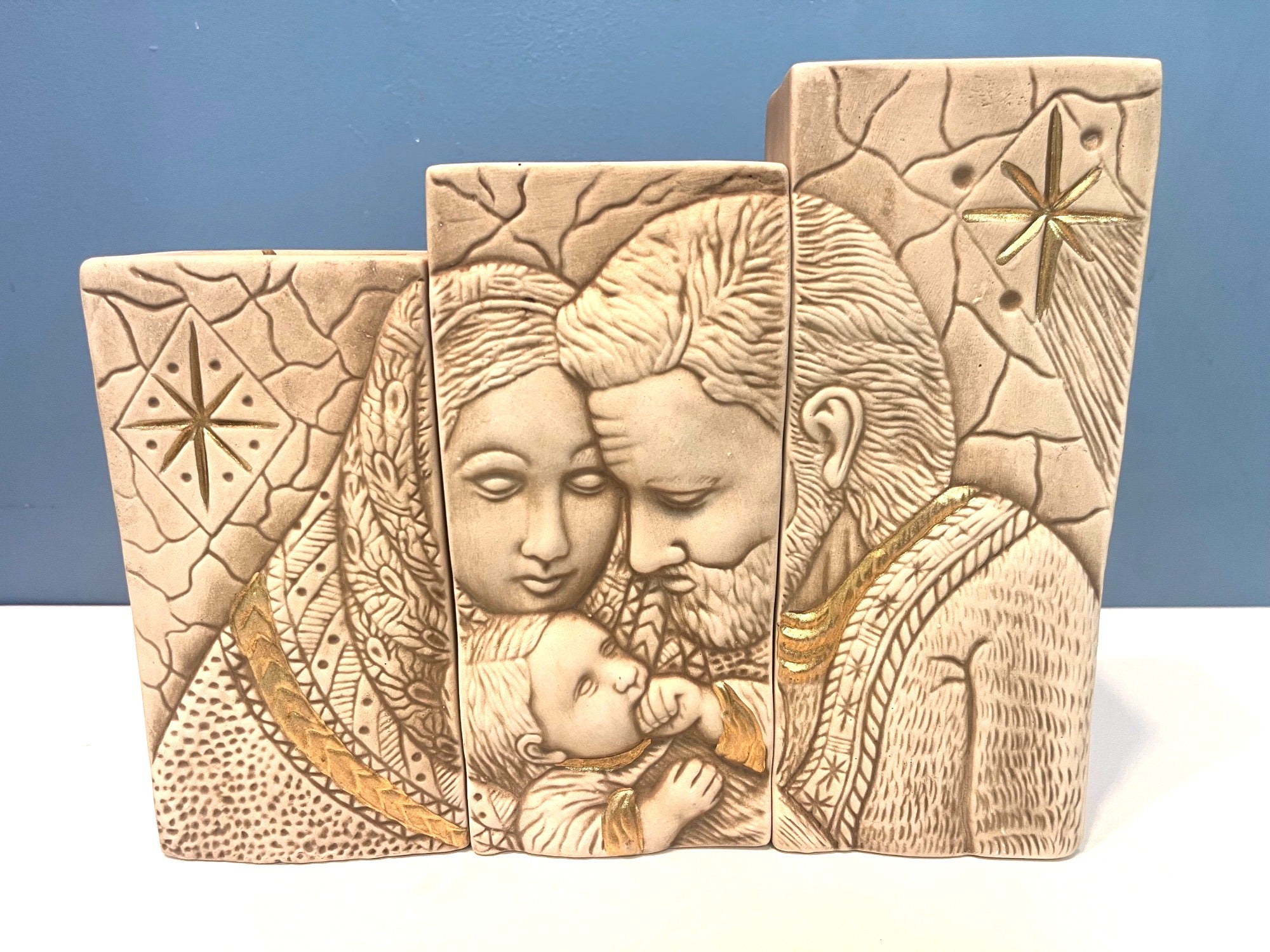 Nativity & Passion of Jesus Ceramic Art 3 pc Set Gold Accents and Candleholders 8.5" H 10.5" W