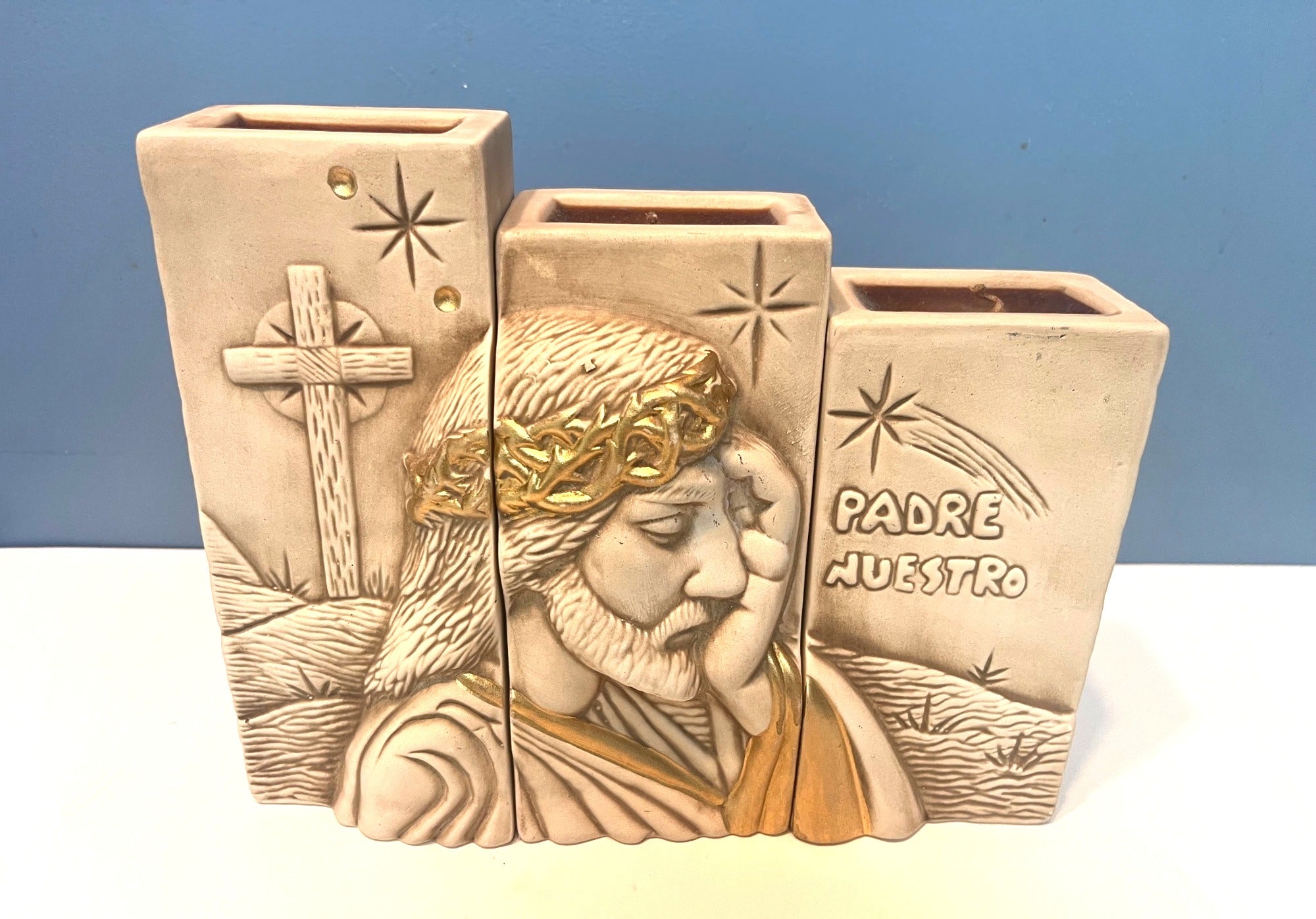 Nativity & Passion of Jesus Ceramic Art 3 pc Set Gold Accents and Candleholders 8.5" H 10.5" W