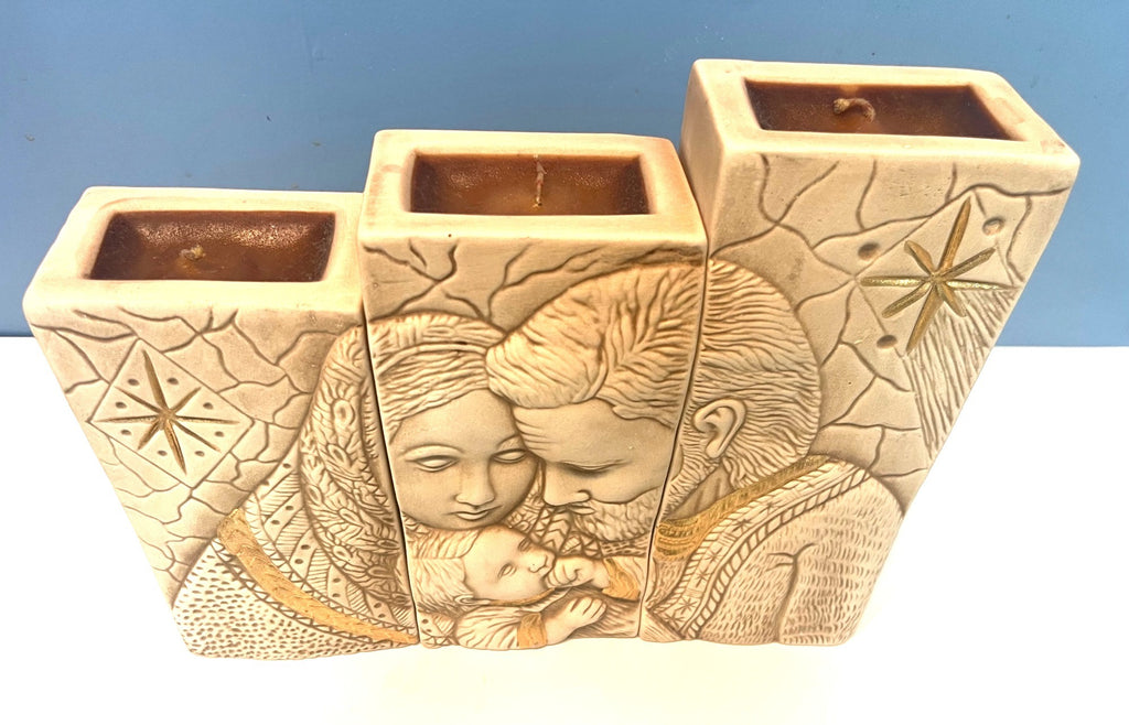 Nativity & Passion of Jesus Ceramic Art 3 pc Set Gold Accents and Candleholders 8.5" H 10.5" W