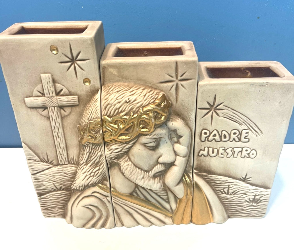 Nativity & Passion of Jesus Ceramic Art 3 pc Set Gold Accents and Candleholders 8.5" H 10.5" W
