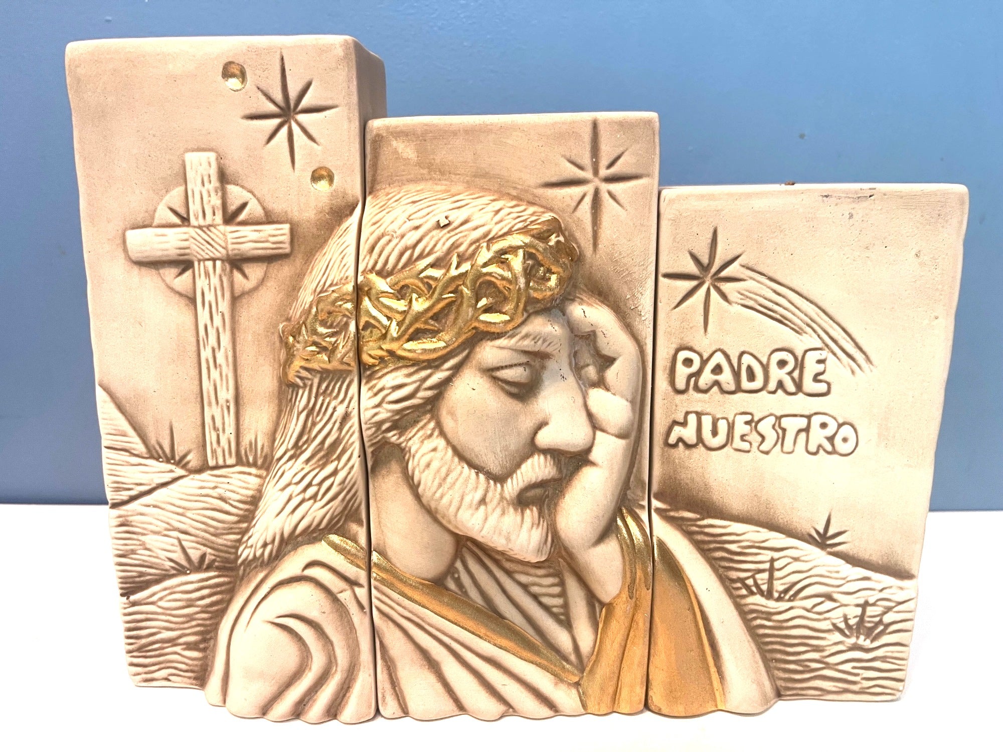 Nativity & Passion of Jesus Ceramic Art 3 pc Set Gold Accents and Candleholders 8.5" H 10.5" W