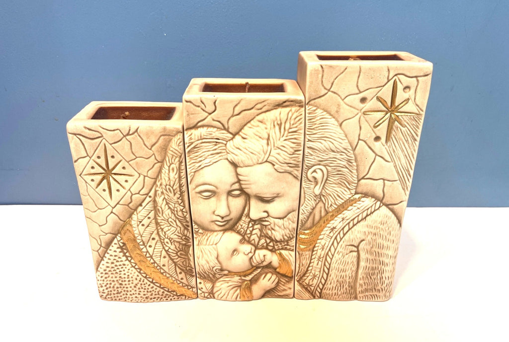 Nativity & Passion of Jesus Ceramic Art 3 pc Set Gold Accents and Candleholders 8.5" H 10.5" W