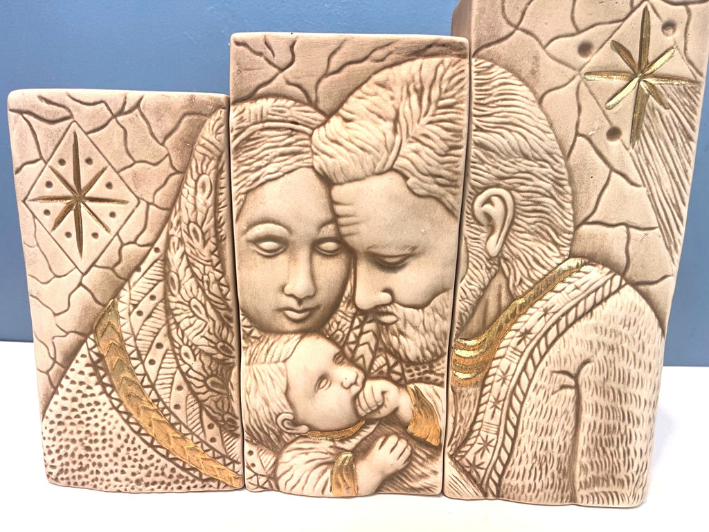 Nativity & Passion of Jesus Ceramic Art 3 pc Set Gold Accents and Candleholders 8.5" H 10.5" W
