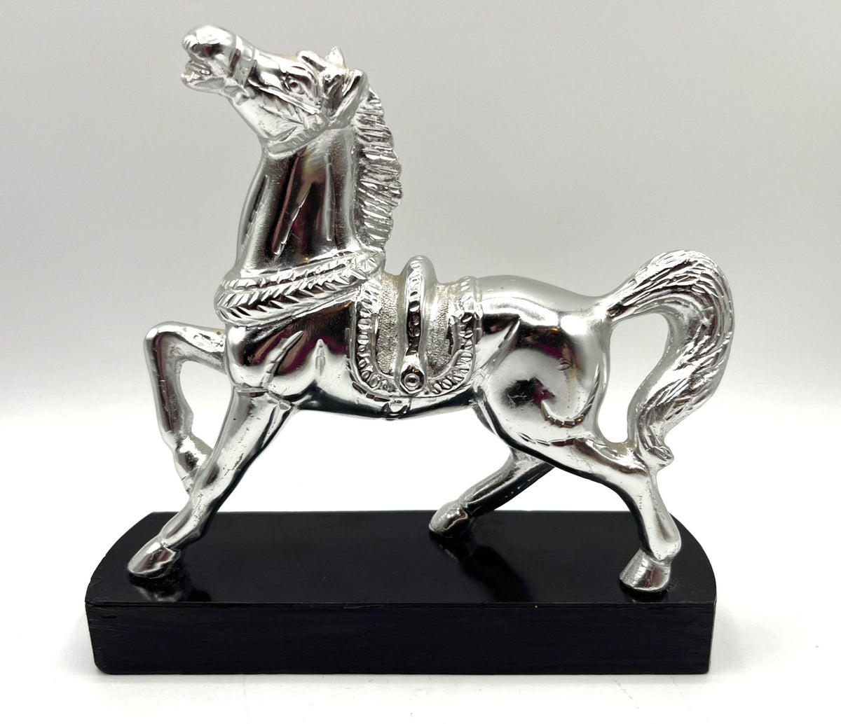 Silver-Tone Decorative Metal Horse Figurine With Black Wooden Base 6.5" tall
