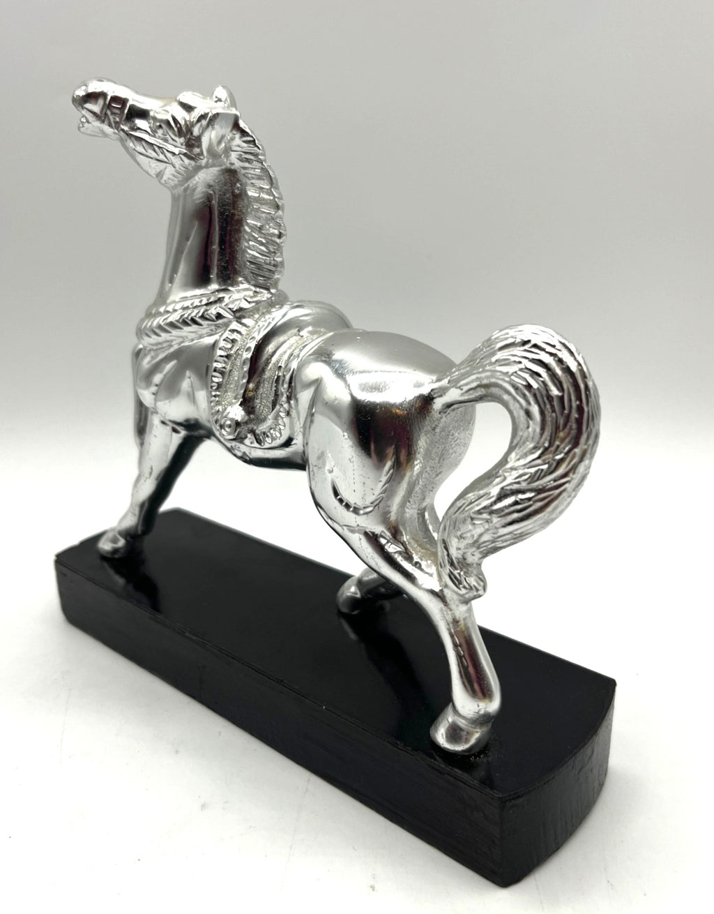 Silver-Tone Decorative Metal Horse Figurine With Black Wooden Base 6.5" tall