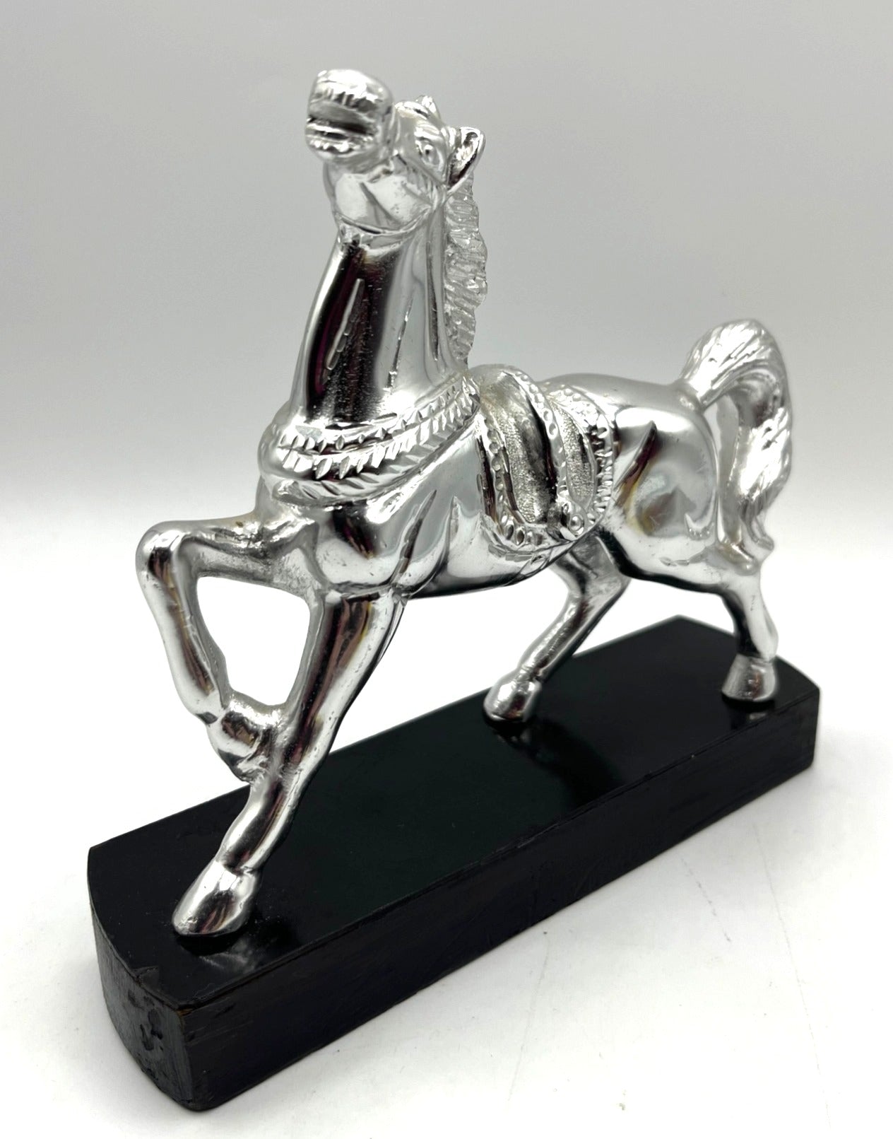 Silver-Tone Decorative Metal Horse Figurine With Black Wooden Base 6.5" tall