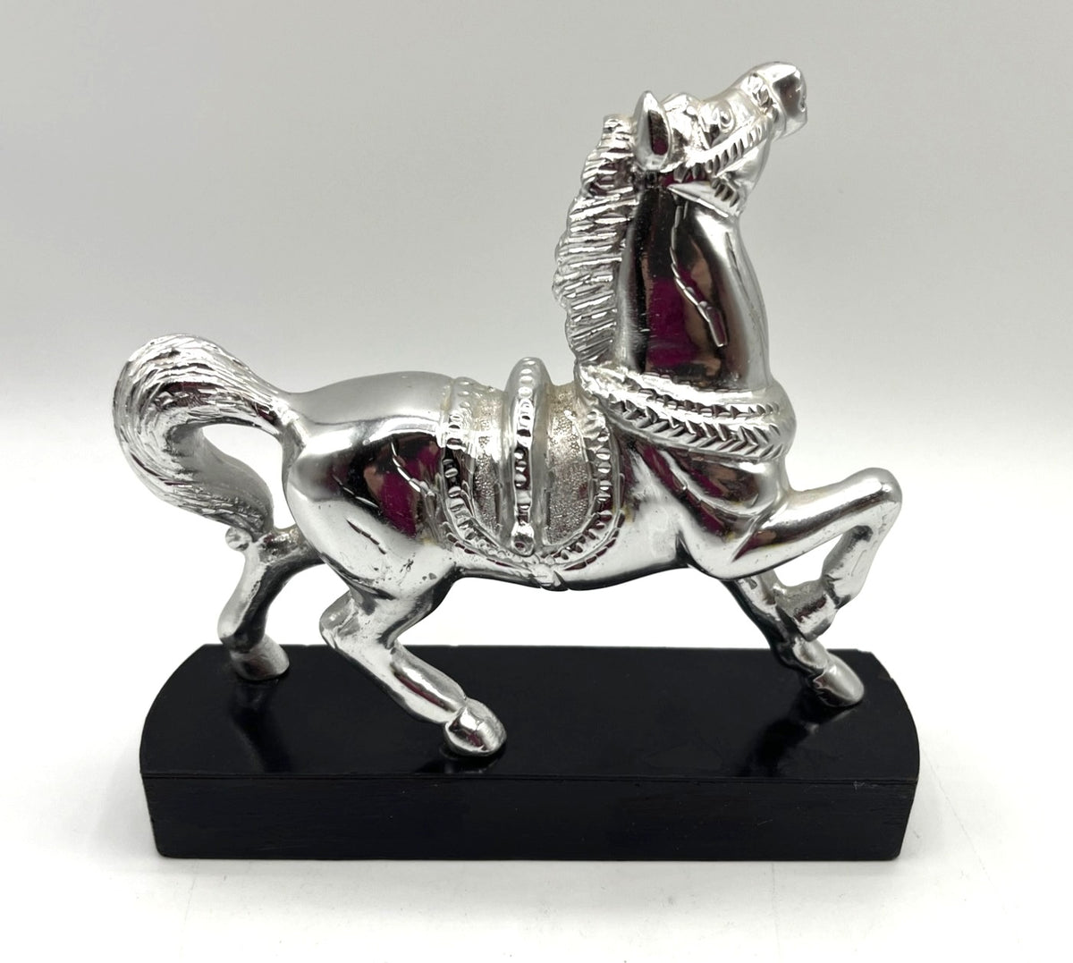 Silver-Tone Decorative Metal Horse Figurine With Black Wooden Base 6.5" tall