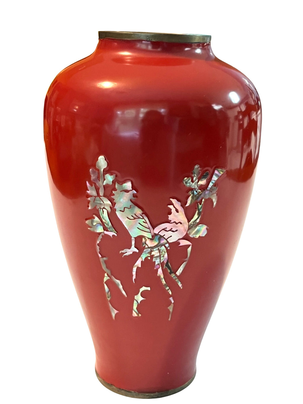 Vintage Korean Red Brass Vase With Inlaid Mother Of Pearl Bird Design 7" tall