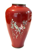 Vintage Korean Red Brass Vase With Inlaid Mother Of Pearl Bird Design 7" tall