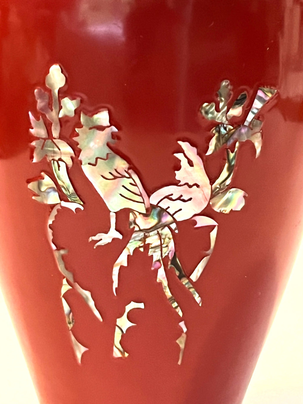 Vintage Korean Red Brass Vase With Inlaid Mother Of Pearl Bird Design 7" tall