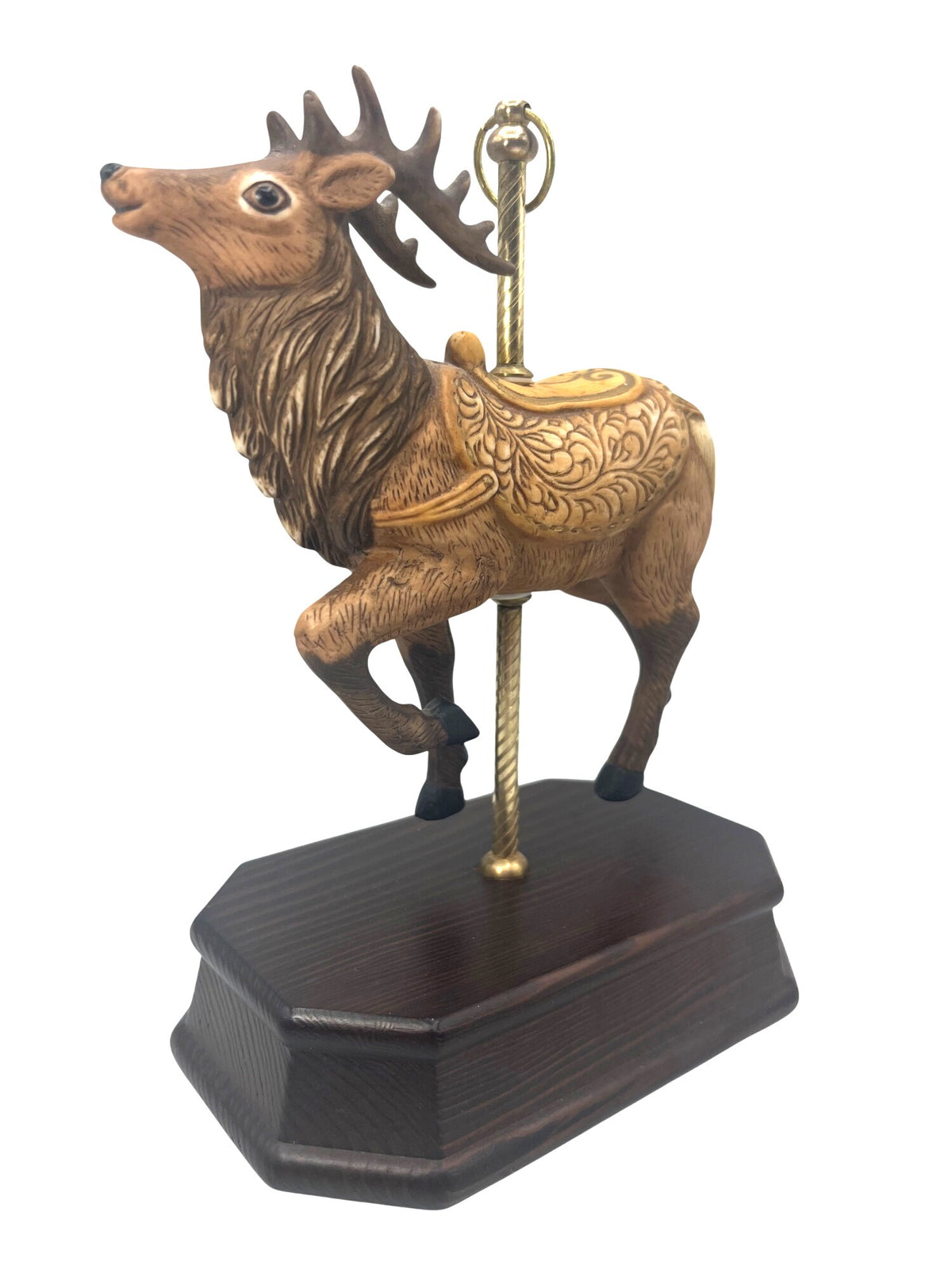 Handcrafted Carousel Reindeer Figurine With Intricate Saddle Design On Brass Post and Wooden Base