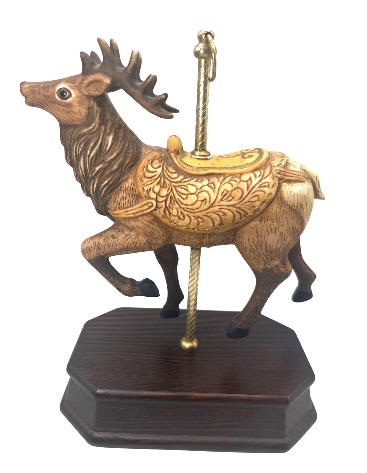 Handcrafted Carousel Reindeer Figurine With Intricate Saddle Design On Brass Post and Wooden Base