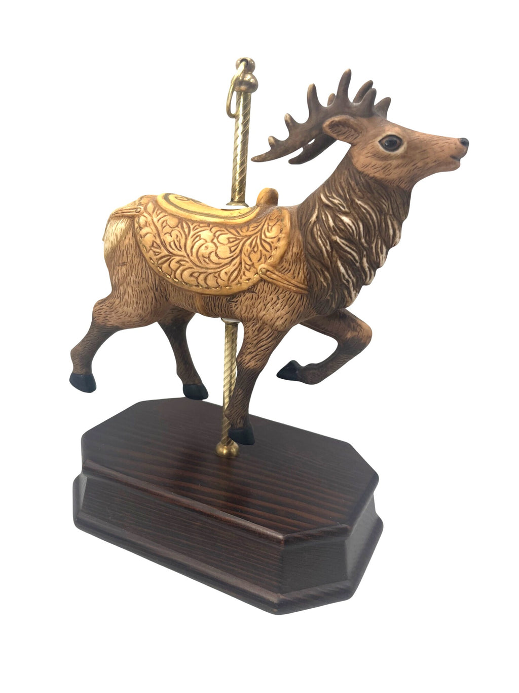 Handcrafted Carousel Reindeer Figurine With Intricate Saddle Design On Brass Post and Wooden Base