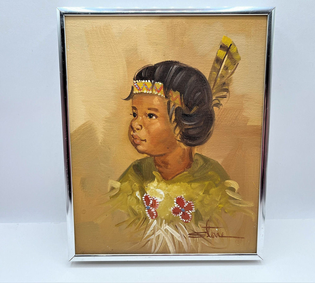 Original Oil Painting of Native American Girl signed by artist Stone. Custom Framed. 8.25" x 10.25"
