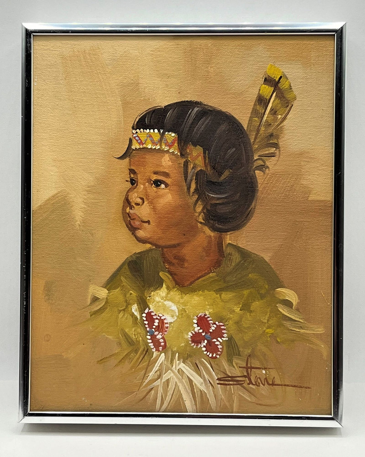Original Oil Painting of Native American Girl signed by artist Stone. Custom Framed. 8.25" x 10.25"