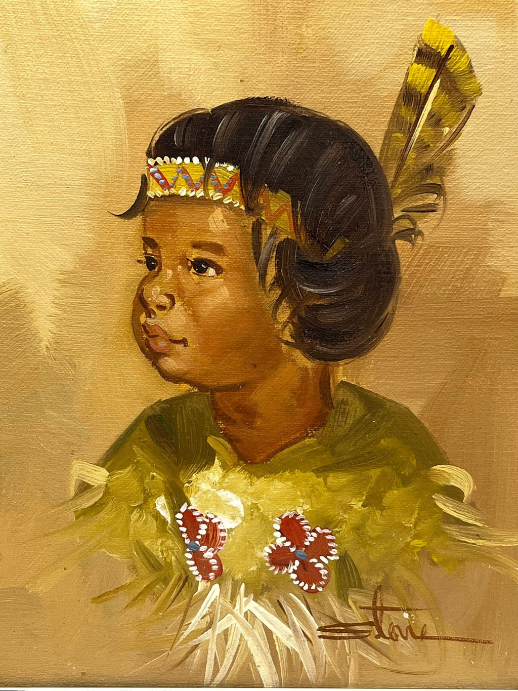 Original Oil Painting of Native American Girl signed by artist Stone. Custom Framed. 8.25" x 10.25"