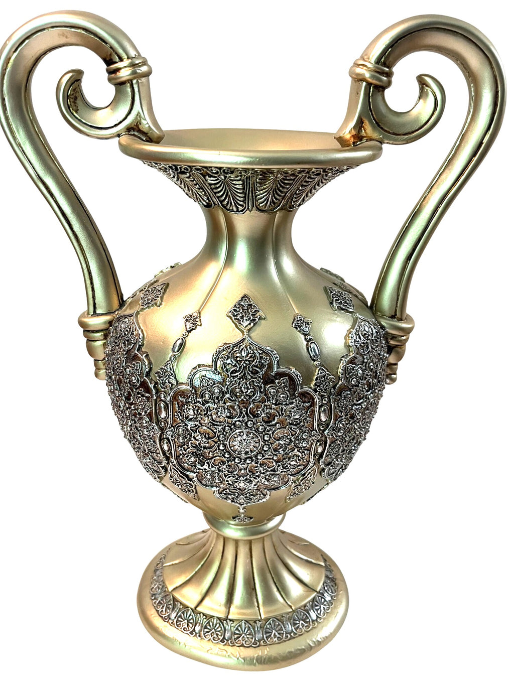 Antique Inspired Ornate Gold & Silver Embossed Decorative Vase With Dual Scroll Handles Large 17" Tall Elegant Home Decor Accent Piece