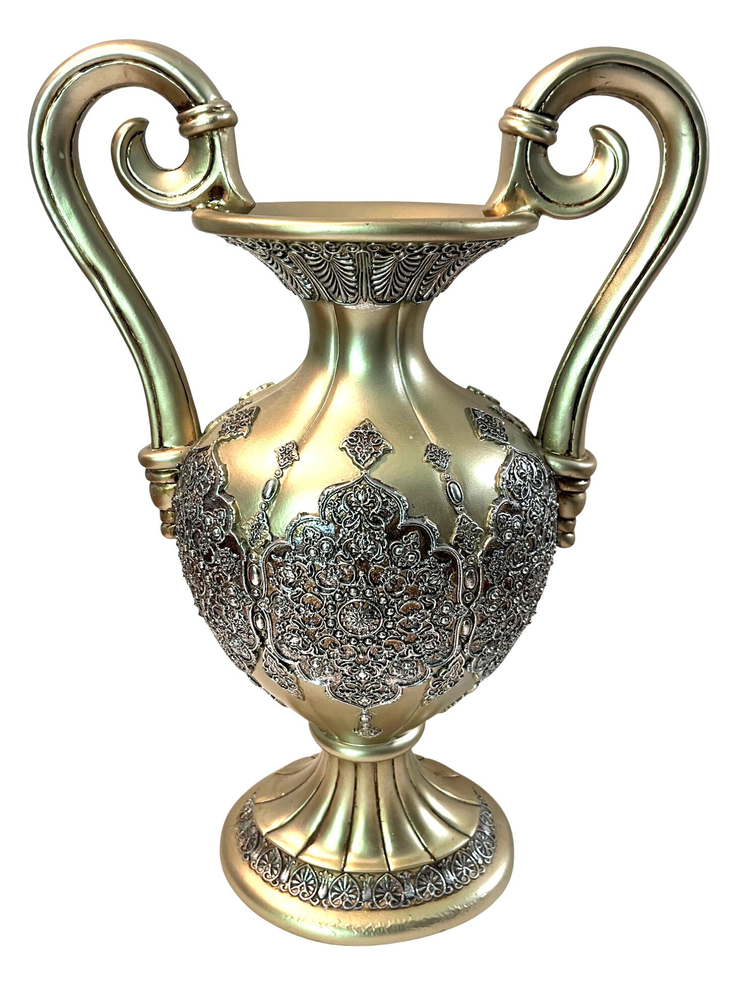 Antique Inspired Ornate Gold & Silver Embossed Decorative Vase With Dual Scroll Handles Large 17" Tall Elegant Home Decor Accent Piece