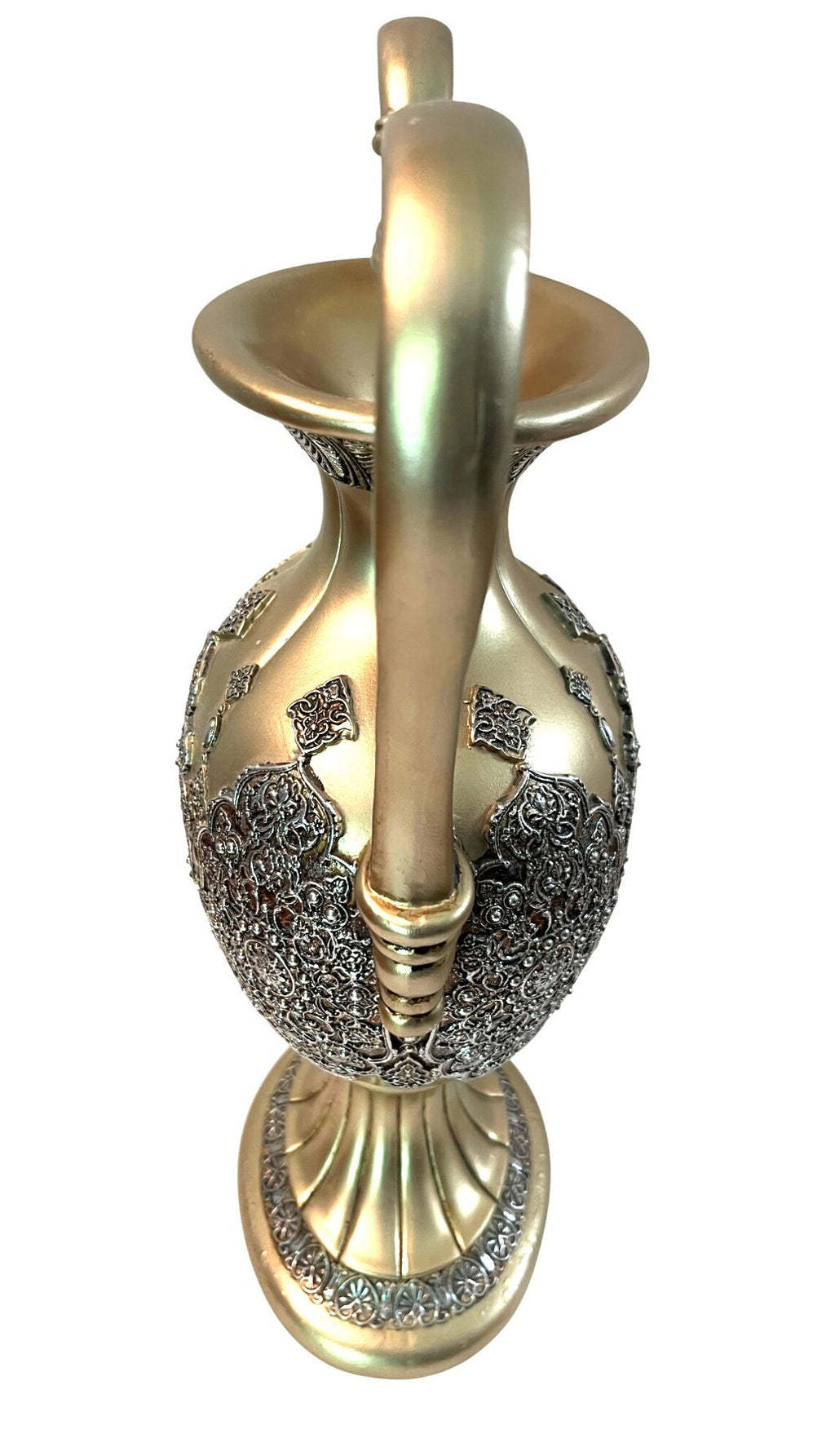 Antique Inspired Ornate Gold & Silver Embossed Decorative Vase With Dual Scroll Handles Large 17" Tall Elegant Home Decor Accent Piece