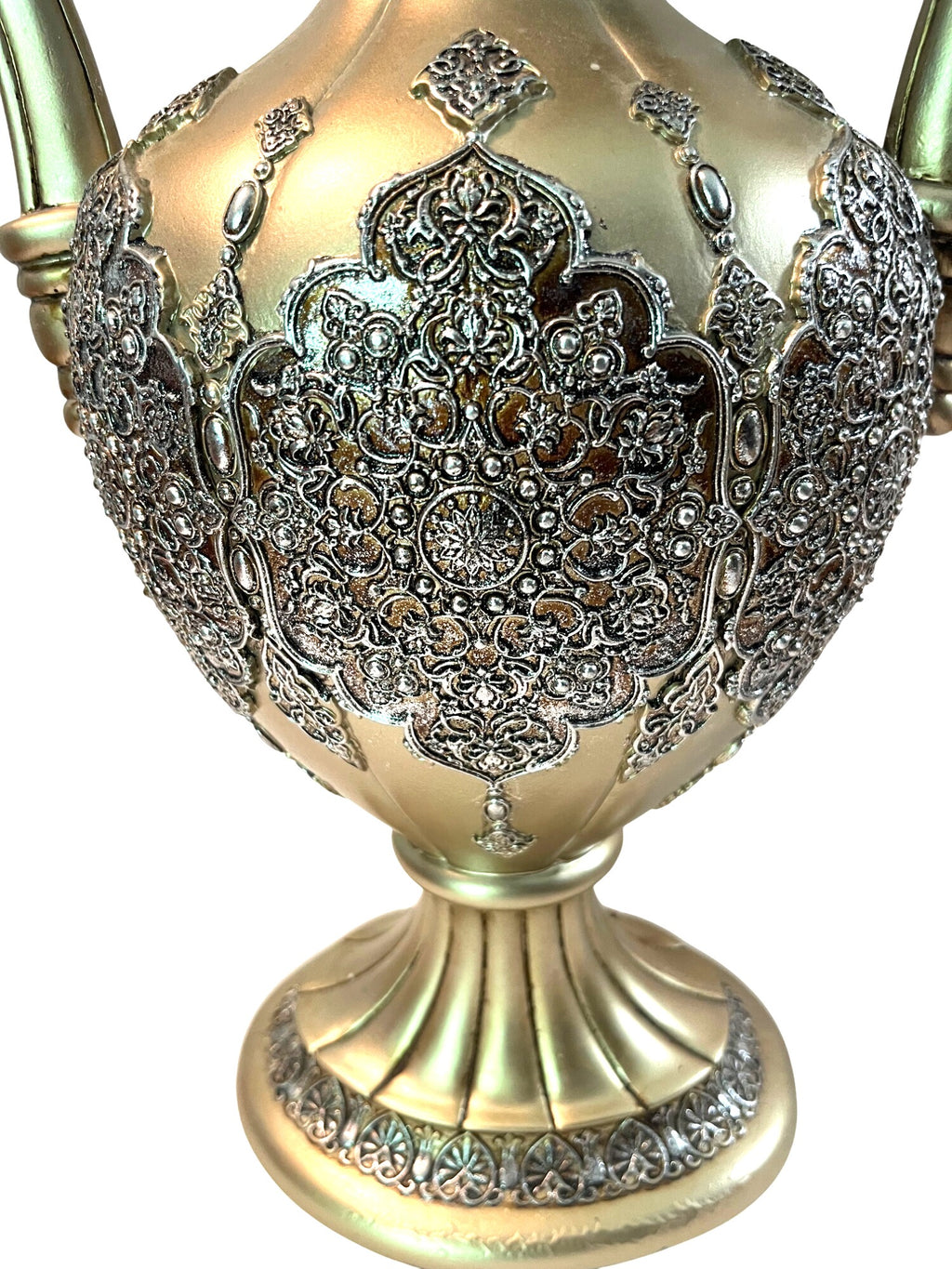 Antique Inspired Ornate Gold & Silver Embossed Decorative Vase With Dual Scroll Handles Large 17" Tall Elegant Home Decor Accent Piece