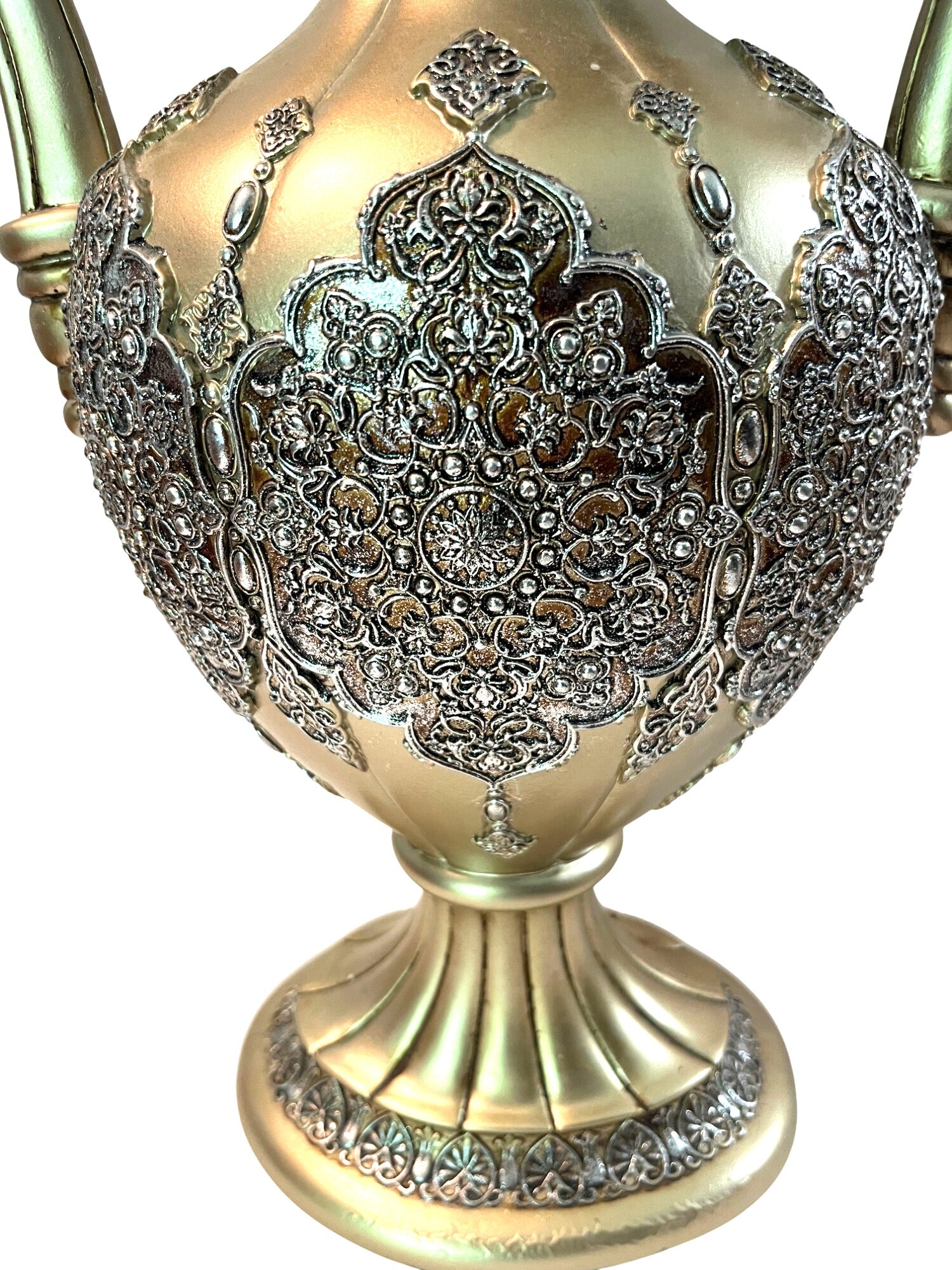 Antique Inspired Ornate Gold & Silver Embossed Decorative Vase With Dual Scroll Handles Large 17" Tall Elegant Home Decor Accent Piece