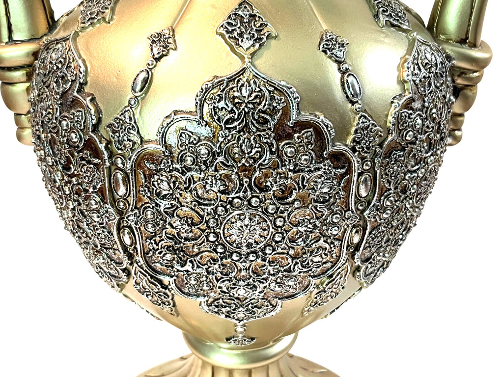 Antique Inspired Ornate Gold & Silver Embossed Decorative Vase With Dual Scroll Handles Large 17" Tall Elegant Home Decor Accent Piece
