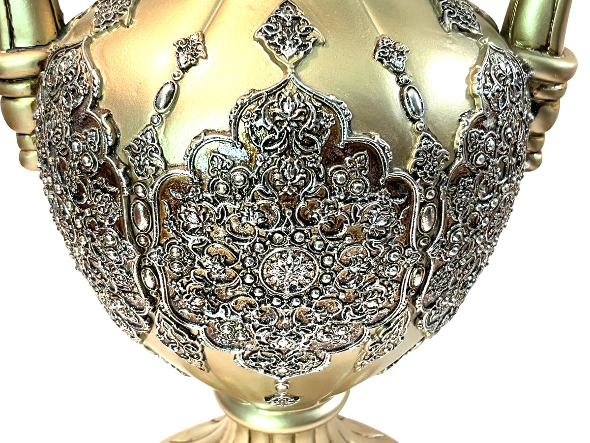 Antique Inspired Ornate Gold & Silver Embossed Decorative Vase With Dual Scroll Handles Large 17" Tall Elegant Home Decor Accent Piece