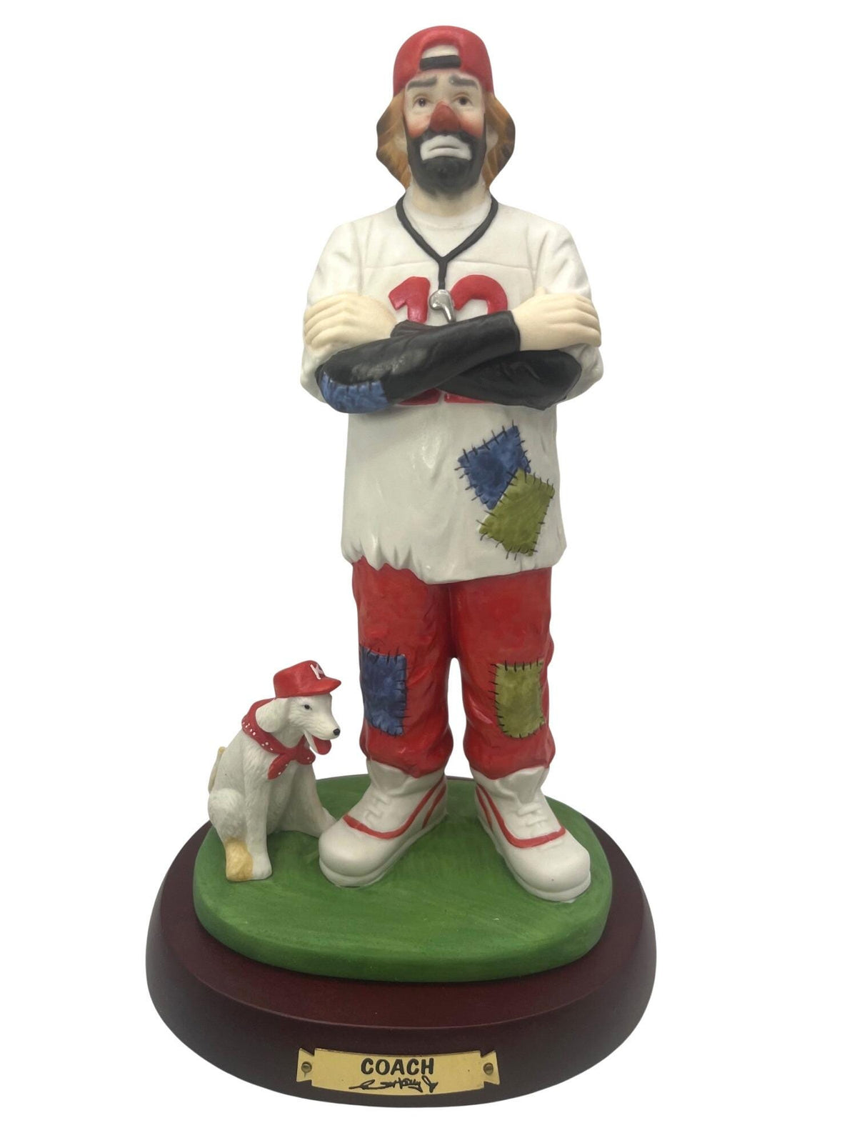 Emmett Kelly Jr. Coach Figurine Professional Series Collection Hand-Painted Porcelain With Dog On Wooden Base 10" tall